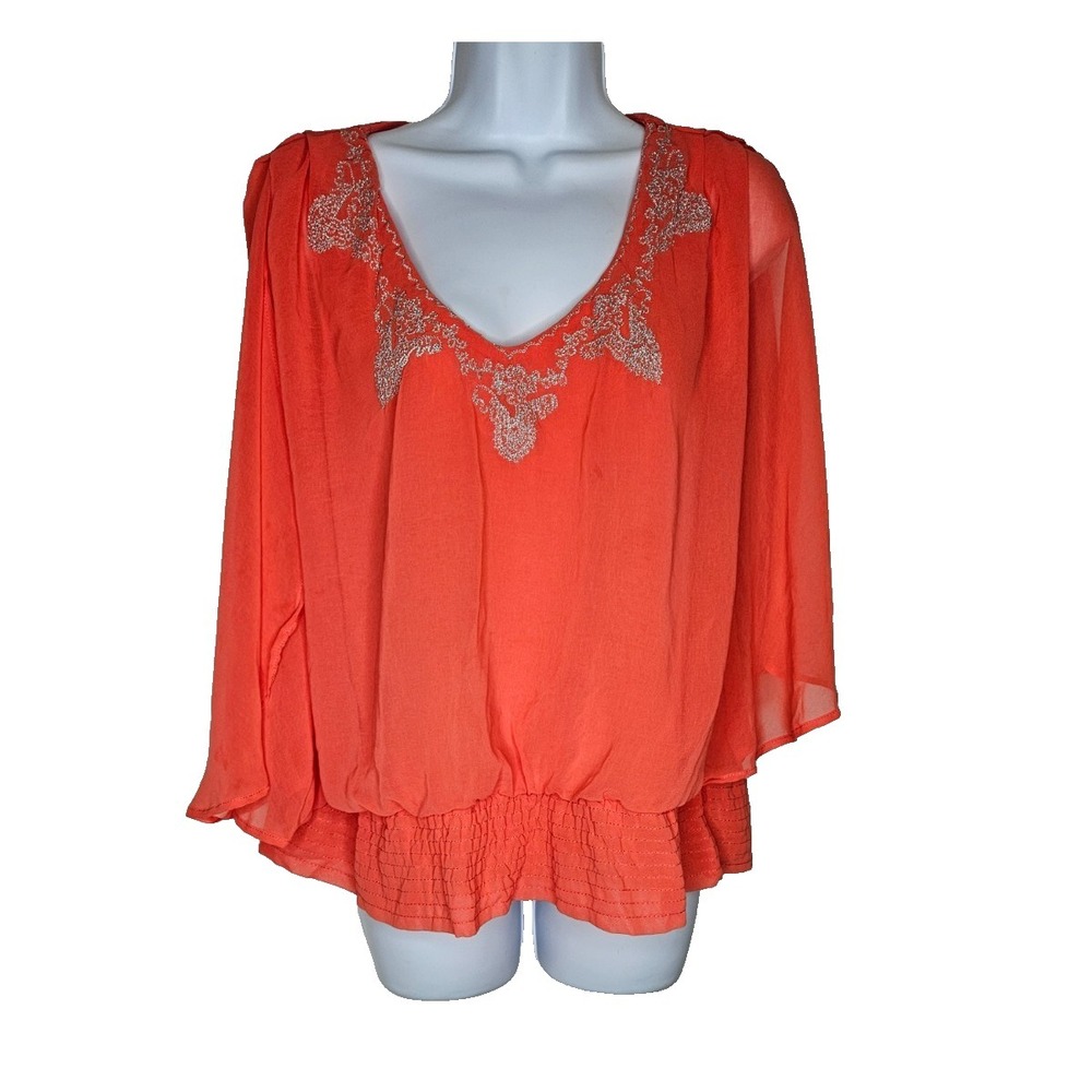 Windsor Josoulin Coral Beaded Chiffon Blouse L Boho Sheer‎ Sleeve Romantic